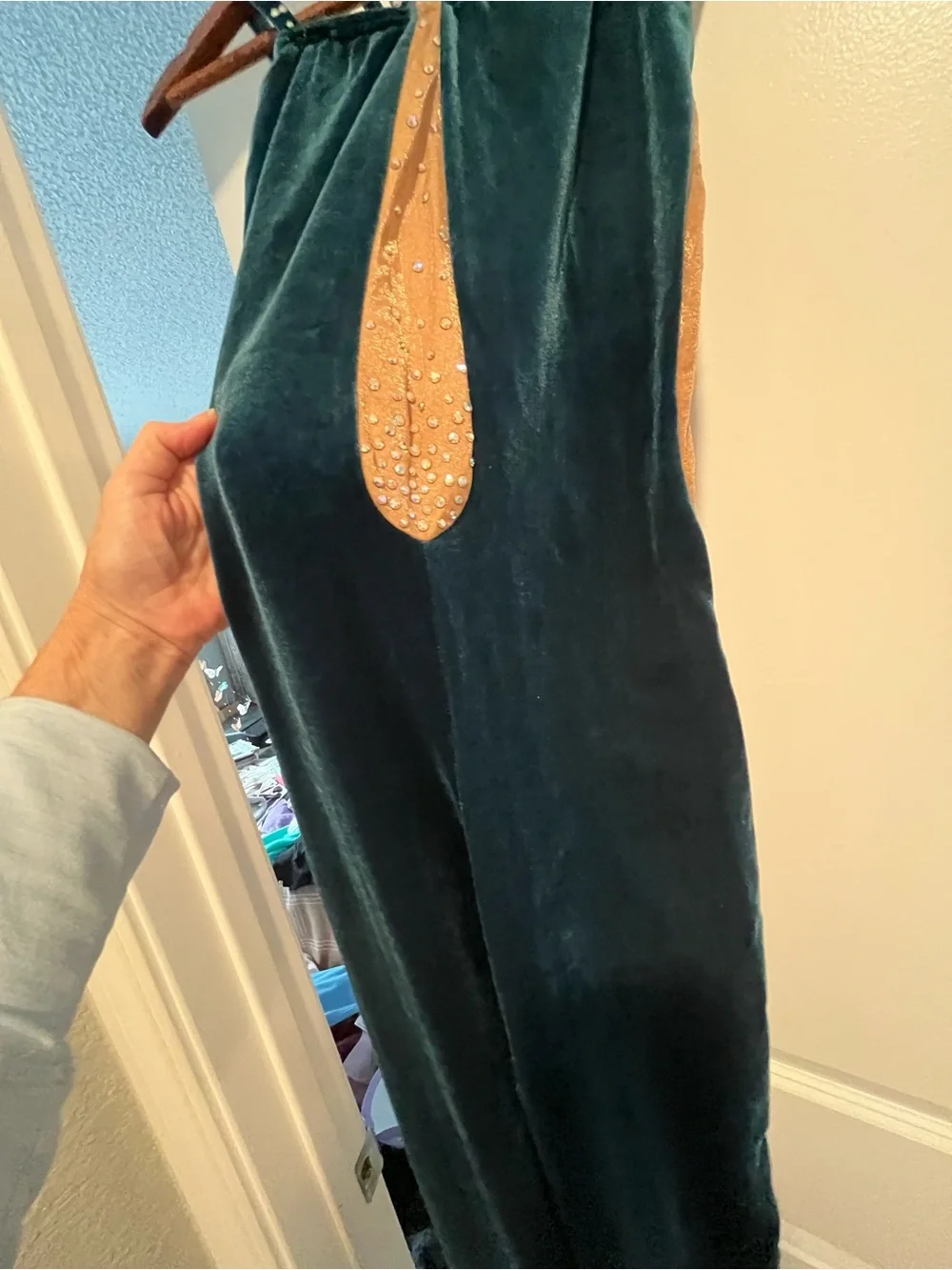 Custom Made Teal Velvet Dance Unitard with Swarvoski Crystals